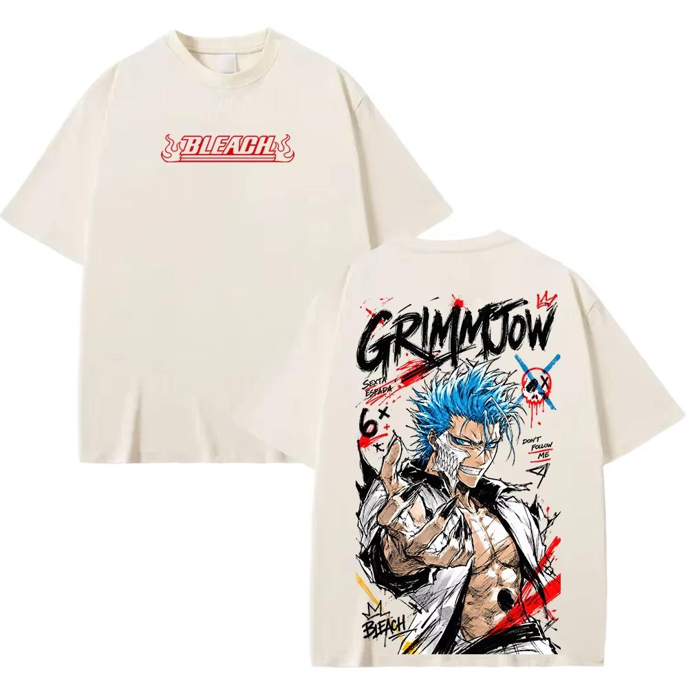 Bleach Anime Grimmjow T Shirt, Men Loose Short Sleeve Tee, Front and Back Double Print Vintage Manga Pattern Unisex Cotton Top