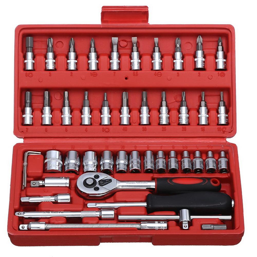 46pcs 1/4 Inch Drive Socket Set Ratchet Wrench Set With Bit Socket Wrench Mechanic Tool Kit for Car Motorcycle Bike Repair Tools
