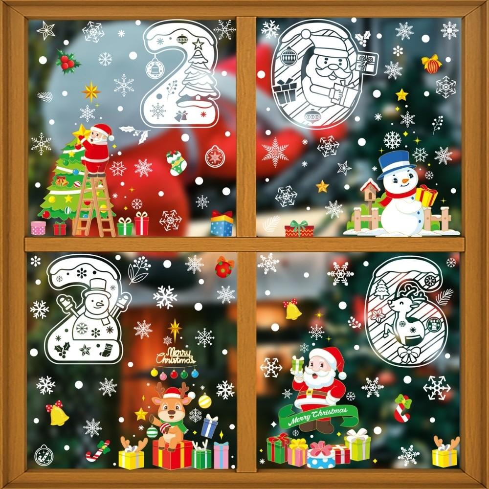 2026 Christmas Window Sticker Santa Claus Pattern Elk Snowman Design Festival Party Sticker Snowflake Motif