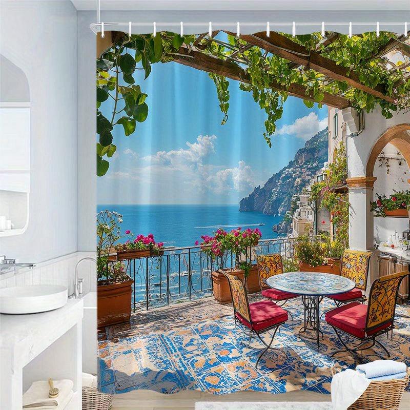 Mediterranean Ocean View Shower Curtain Waterproof Bathroom Curtain Tropical Coastal Luxury Seaside Resort Decor Print
