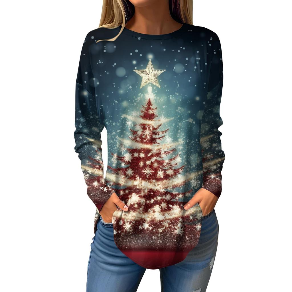 Женская свободная футболка с круглым вырезом и рождественским принтом, длинный рукав, пуловер, толстовка с длинными рукавами