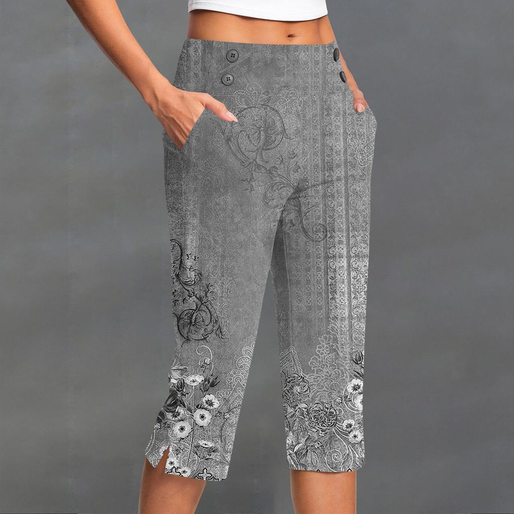 Женские винтажные брюки с цветочным принтом, на пуговицах, с карманами, с разрезом, с высокой талией, спортивные, для йоги, повседневные