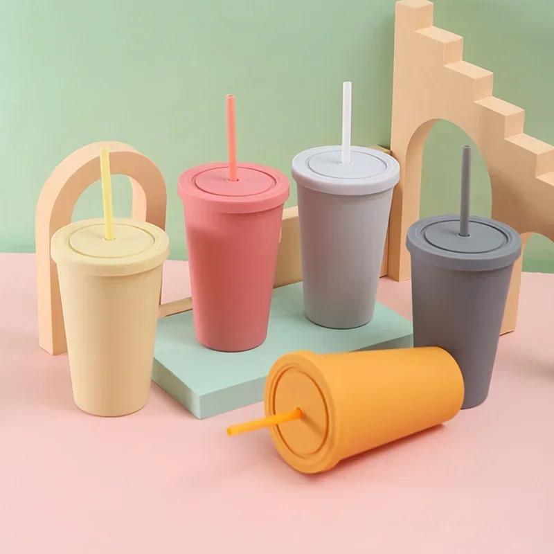 Candy Color Double-layer Plastic Straw Cup Coffee Cup Plastic Frosted Handy Water Cup Easy To Carry Straw Kettle Sports Bottle
