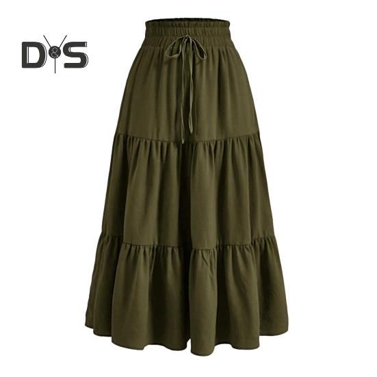 Женская юбка, эластичная, с высокой талией, на шнуровке, юбка-лето, в стиле бохо, с цветочным принтом, оборками, низом, длинная юбка