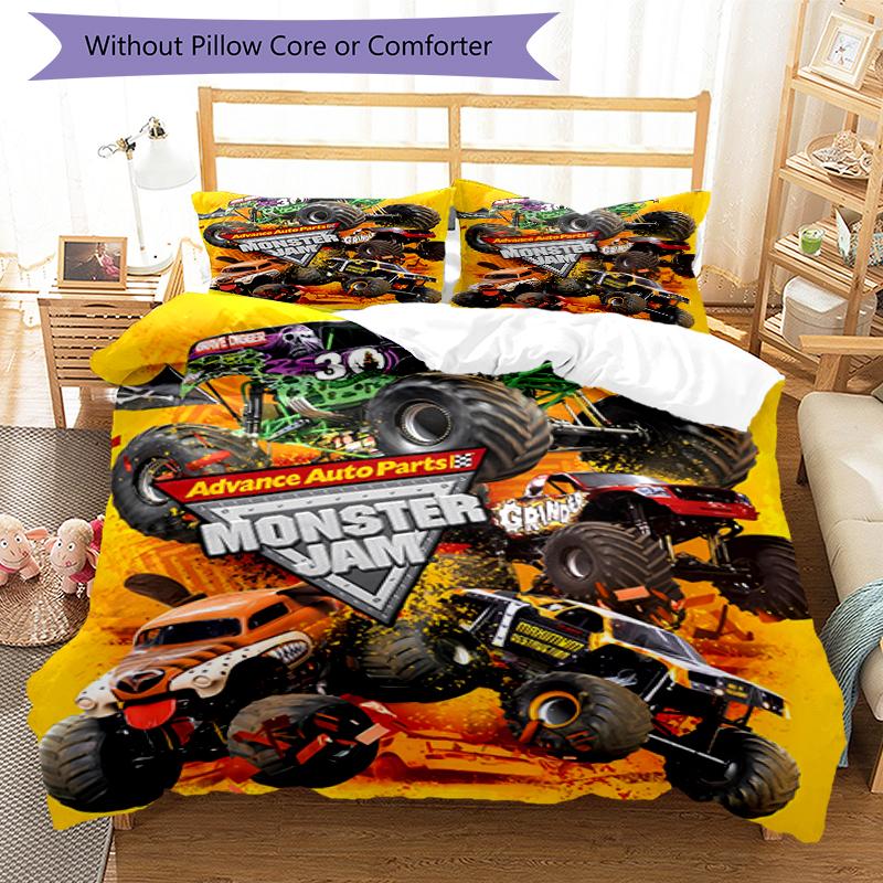 3pcs Monster Jam pattern bedding set duvet cover set includes duvet cover &pillowcases, perfect all season bedroom decoration & gift