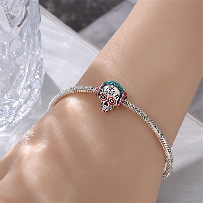 Stunning 925 Silver Ghost Rose Beads & Spider Silk Skull Dangle Charm Fits Bracelet Halloween Pendant Accessories Gifts