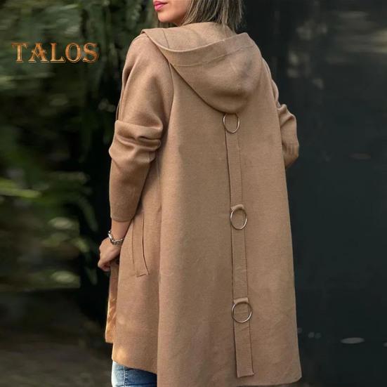 Осенне-зимняя женская шерстяная куртка с капюшоном, средней длины, с украшением в виде кольца на спине, однобортная, с длинными рукавами, однотонная, для ежедневных поездок на работу, пальто