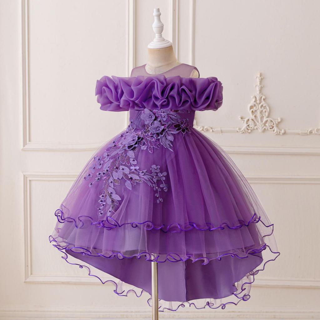 Детское темно-фиолетовое тюль бальное платье вечернее платье подходит для празднования дня рождения выступление жемчужное сетчатое платье принцессы