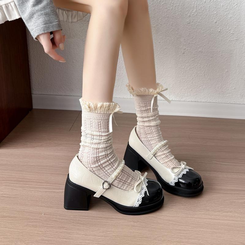 Fashion One Strap Mary Jane Single Shoes Autumn New Round Toe Shallow Mouth Butterfly Block Heel Shoes