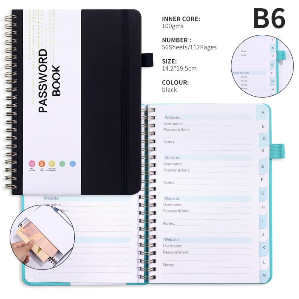 With Alphabetical Tabs Pocket Password Keeper Book Coil Book A6/B6 Size Password Keeper Notebook Portable with Penholder