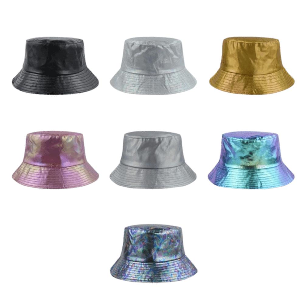 Leather Luminous Bucket Hat Wide Brim Shiny Sun Cap Unisex Laser Rainbow Fisherman Hat  Sunshade
