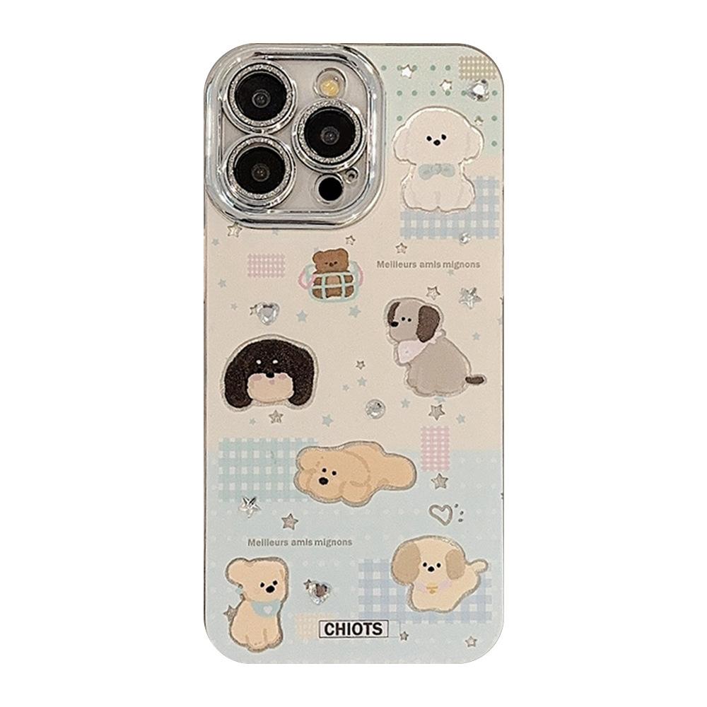 Plaid puppy cartoon phone case suitable for iPhone 15, 17 Pro Max, with lens film, iPhone 16, anti-drop, 12 feather yarn