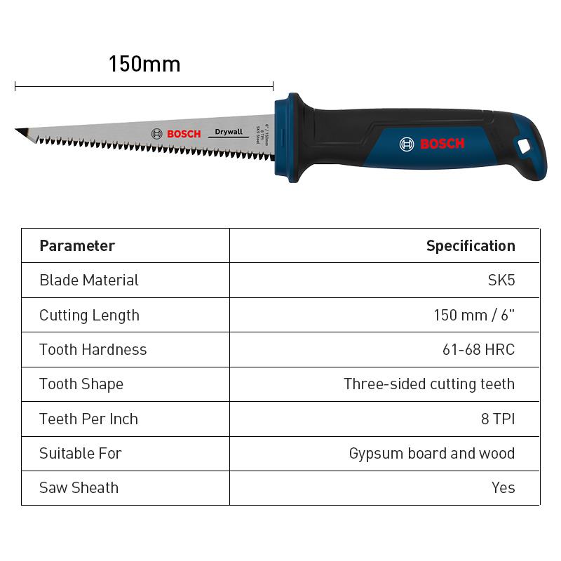 Bosch Пила по гипсу Пила для гипсокартона 150 мм 8 TPI трехсторонние режущие зубья закаленные с отверстием для шнурка