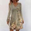 Women's Long-sleeved Casual Midi Dresses V-Neck Print  Casual Dress