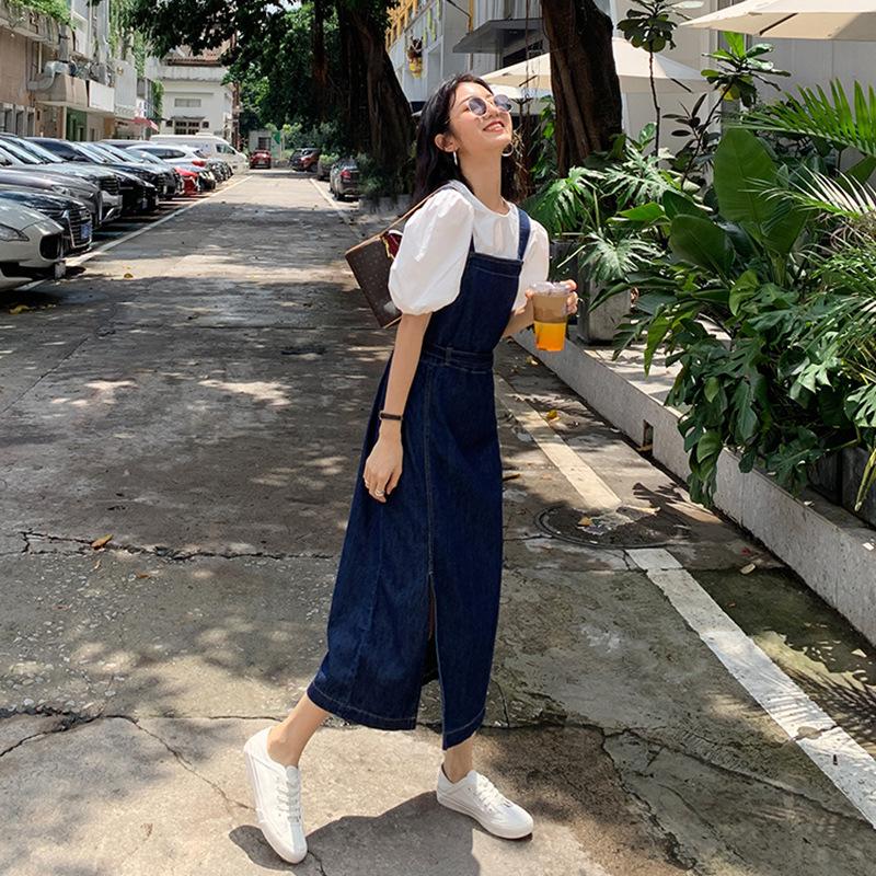 Stylish Elegance Fashion Female Casual Vest Side Split Denim Strappy Skirt Female Summer Thin Section Thin Medium-length Dress Halter Long Skirt