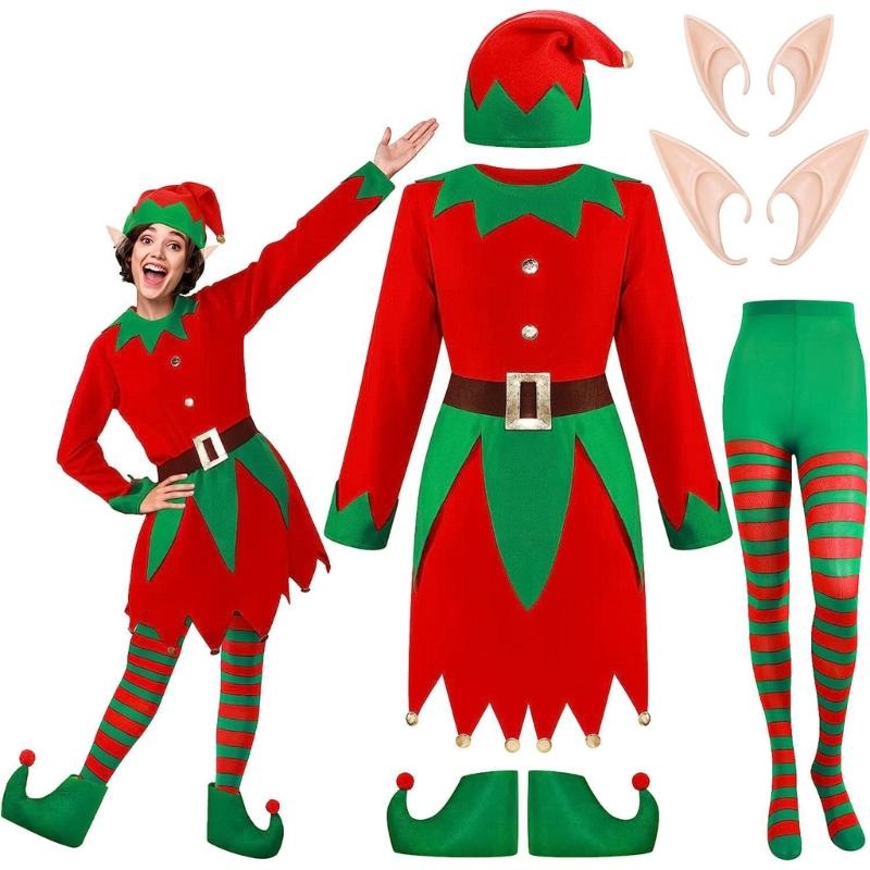 Green & Red Costumes Sets Adults Christmas Dress Fancy Dress Classical Unisex Elf Festive Christmas Fancy Dress Costumes