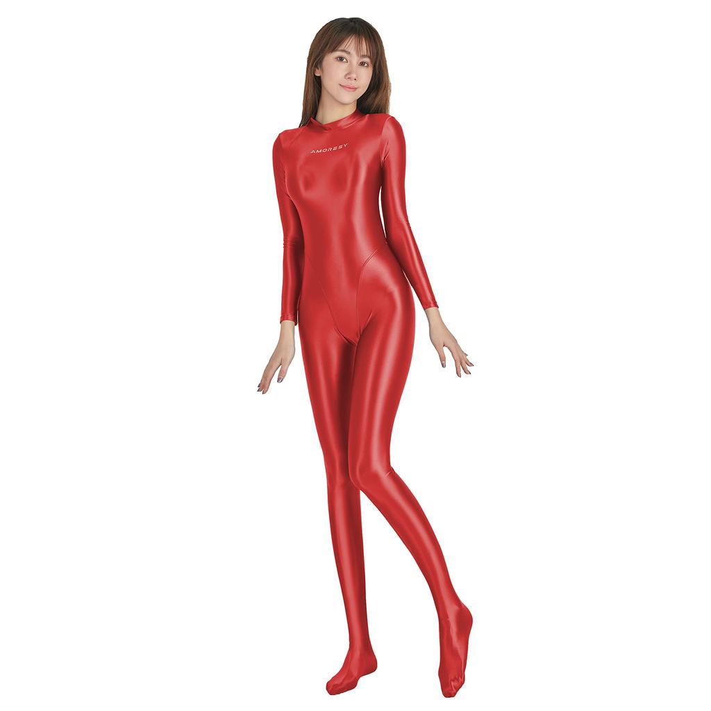 Diving Suit for Also Nylon Swimsuits with Legs [AMORESY] Shiny, Full-body Skin-on-skin Competitions. Available (red, L)