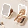 LED Lighted Makeup Storage Box Cosmetic Case Mirror Holder Leather Portable Travel Waterproof Adjustable Luminance