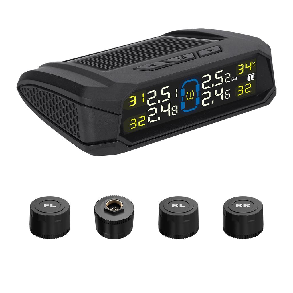 Wireless Tire Pressure Monitor HD LCD Display Real Time Alert Solar Powered USB Charging Tire Pressure Monitoring System