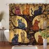 Whimsical Cats On Tree Branches Shower Curtain - 9 Unique Feline Designs, Golden & Black Swirls, 12 Hooks, Fantasy Bath Decor