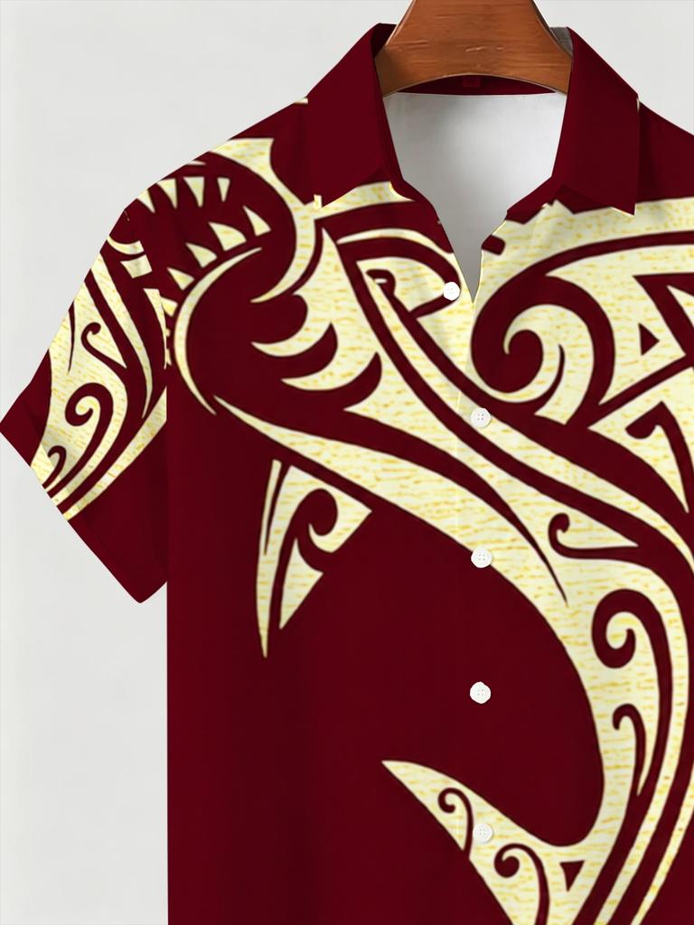 Men's Hawaiian Style Plus Size Short Sleeve Shirt, Red Polynesian Pattern Casual Top, Beach Vacation Men's Clothing, PLUS SIZE