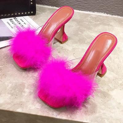 Тапочки Maogu, перья, ПВХ, прозрачные, высокие каблуки, меховые сандалии, открытый носок, каблук-шпилька, женские шлепанцы, женские летние новые мюли 41