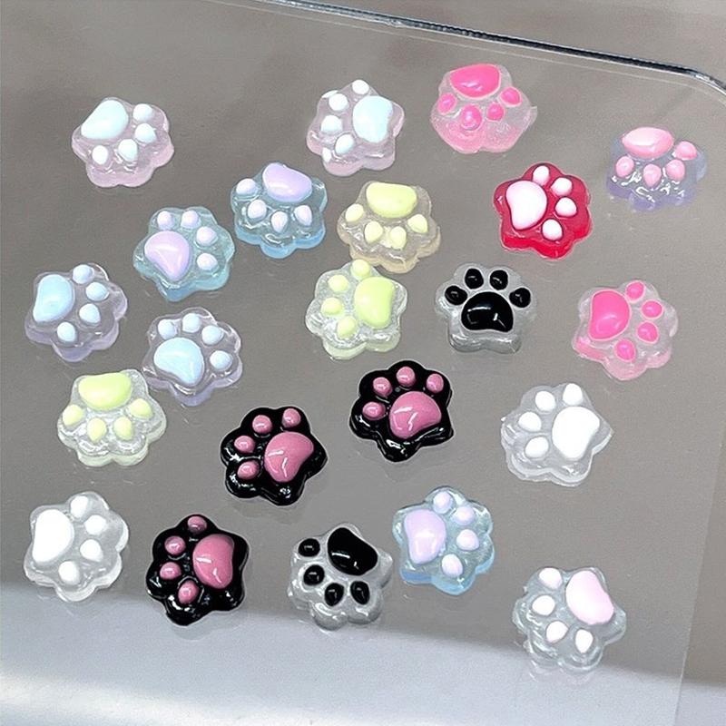 20Pcs 3D Luminous Cat Paw Nail Charm Resin Cartoon Transflective Manicure Ornaments Mini 3D Nail Art Decoration
