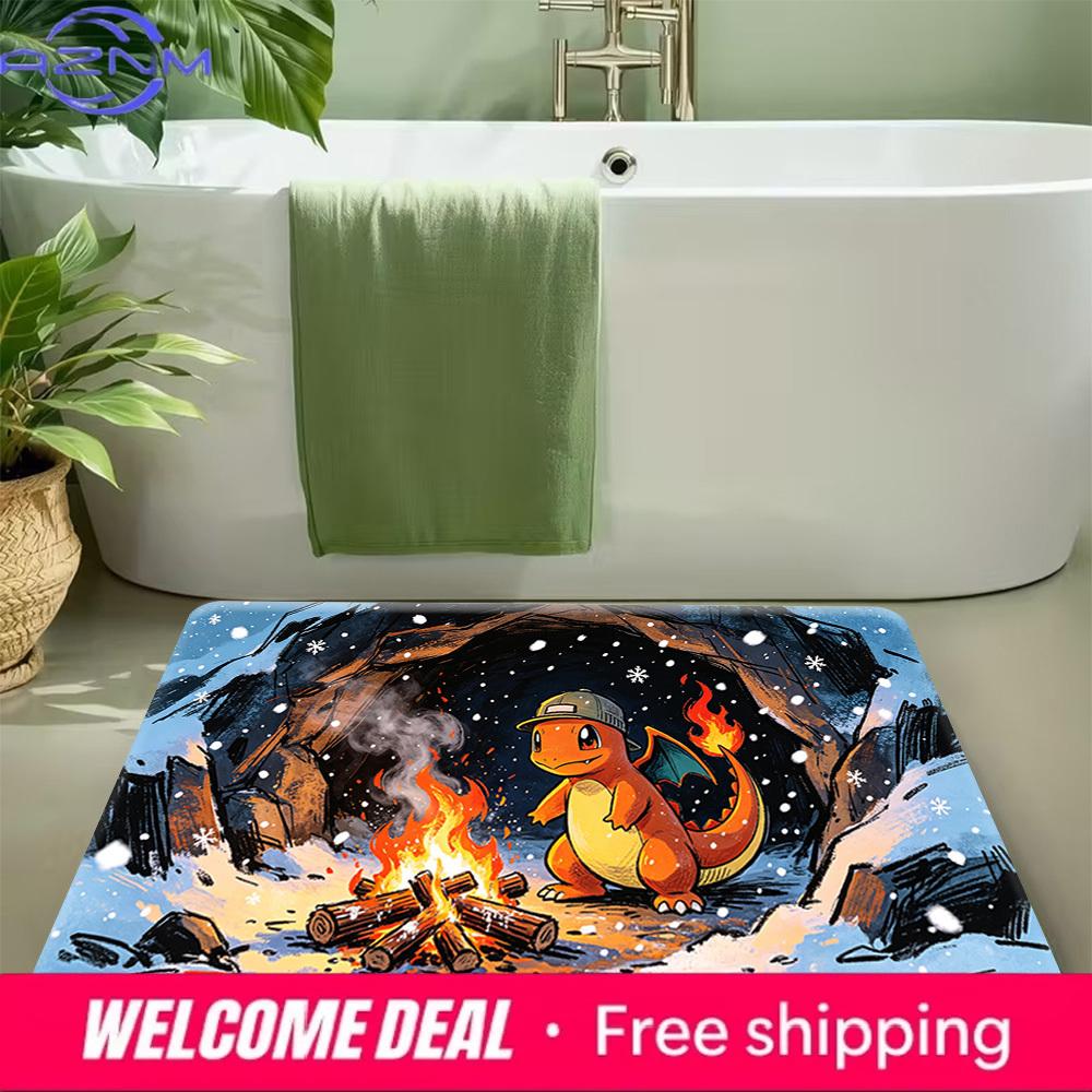 Charmander with Cap Winter Campfire Non-Slip Doormat Soft Floor Mat