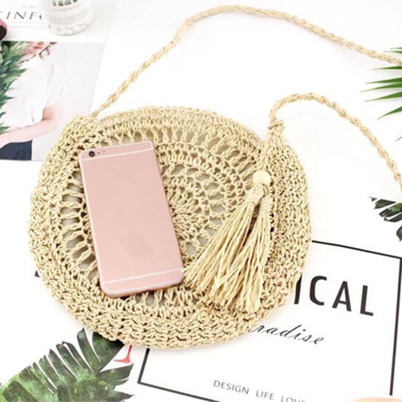 Yogodlns Round Soft Paper Rope Shoulder Bag Tassel Handmade Crossbody Bags Straw Bag Circle