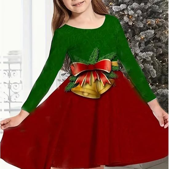Повседневное платье для девочек с 3D-рождественским принтом оленей и кошек, круглым вырезом и длинными рукавами, детское платье принцессы