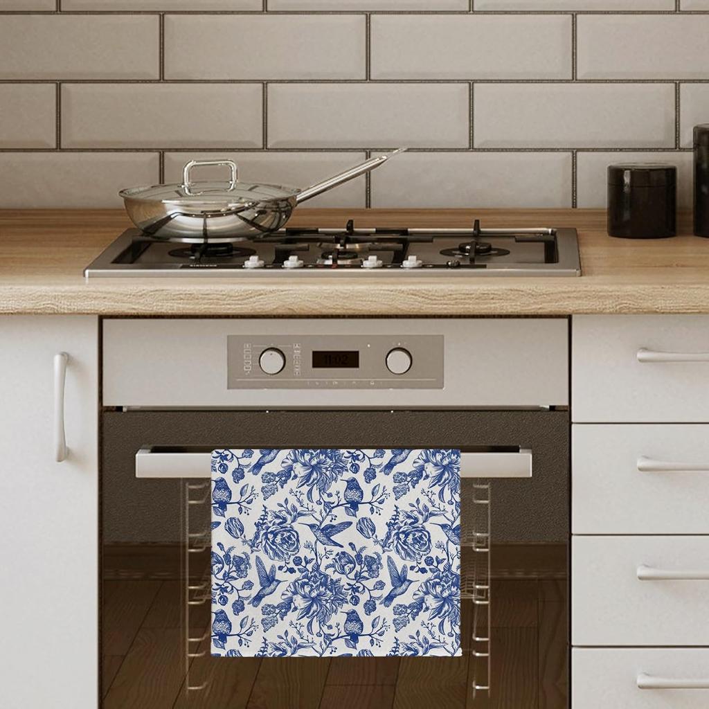 Blue and White Chinoiserie Floral Bird Tea Hand Dish Towels for Kitchen Bathroom, Chinoiserie Decor, Blue Tea Hand Dish Kitchen Towels, 16x24