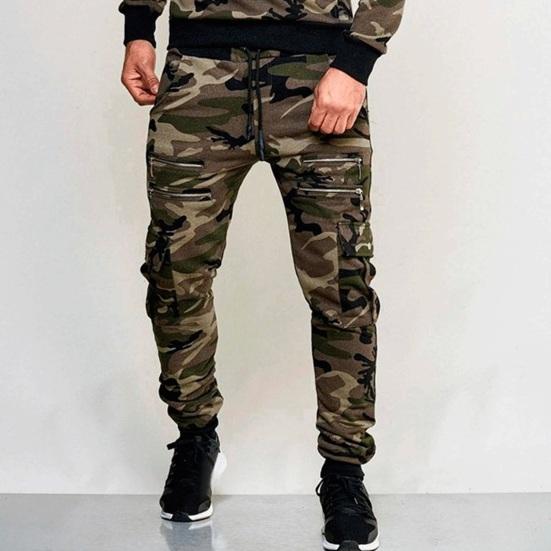 Men Cargo Pants Drawstring Elastic Waist Camouflage Print Multi Zippered Pockets Ankle-banded Slim Fit Casual Daily Wear