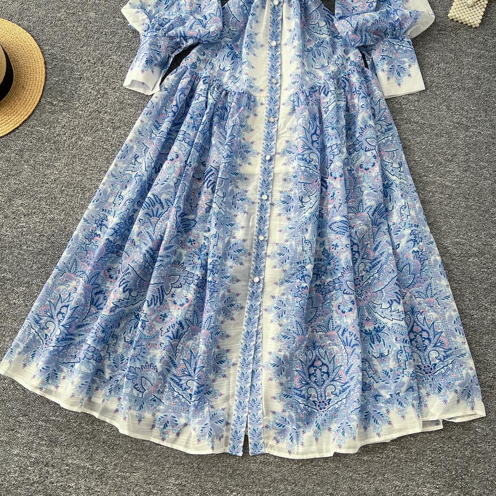 Spring Autumn Women Big Size Print Single Breasted Long Maxi Loose Seaside Holiday Beach Dresses with Belt