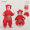 Red Polar Fleece Baby Romper: Full Moon, 100 Days, One Year - New Year Blessing Bear Design