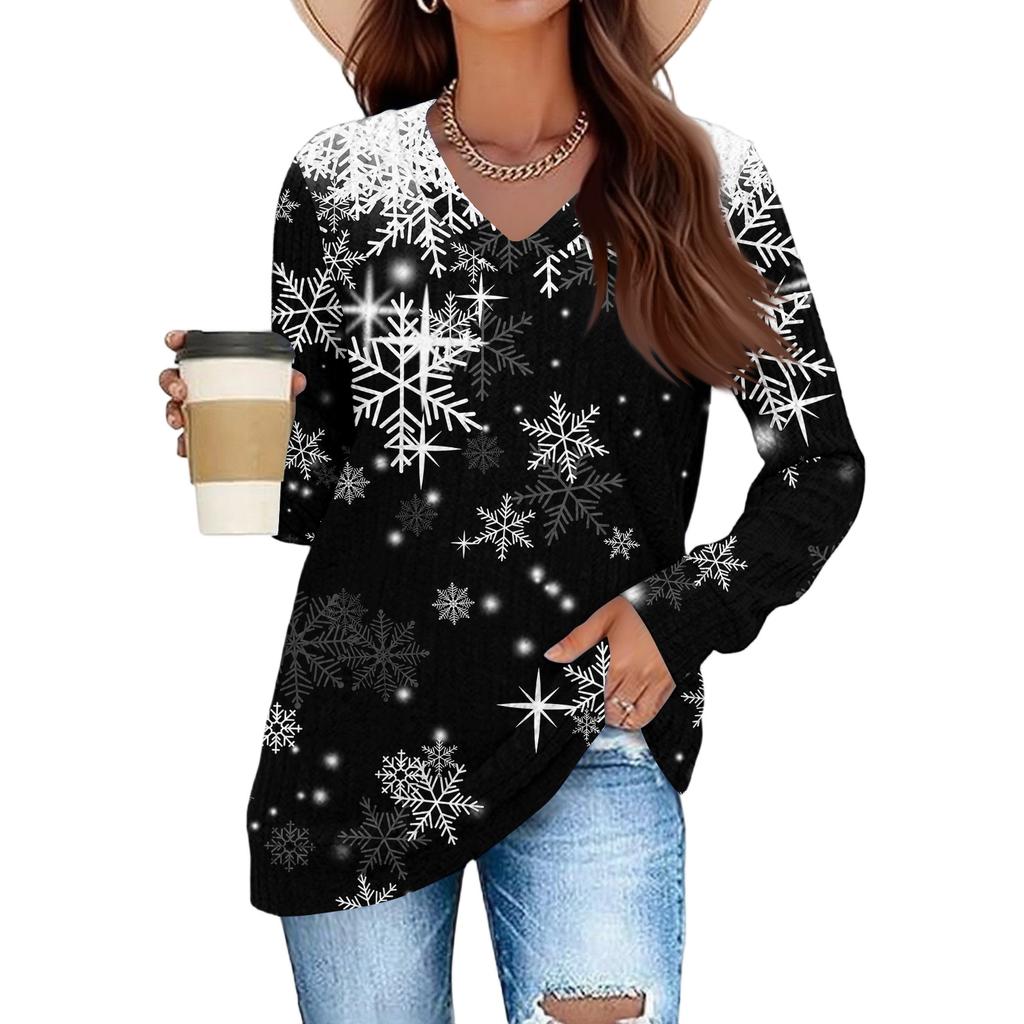 Women's Fashionable Loose-Fit V-Neck Long-Sleeved T-Shirt Christmas Print Pullover