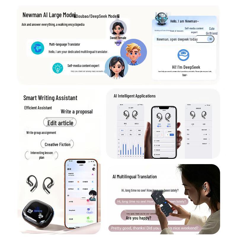 Newmine CT15 Ear-hook Bluetooth Headset with AI Translation and ENC Noise Cancelling