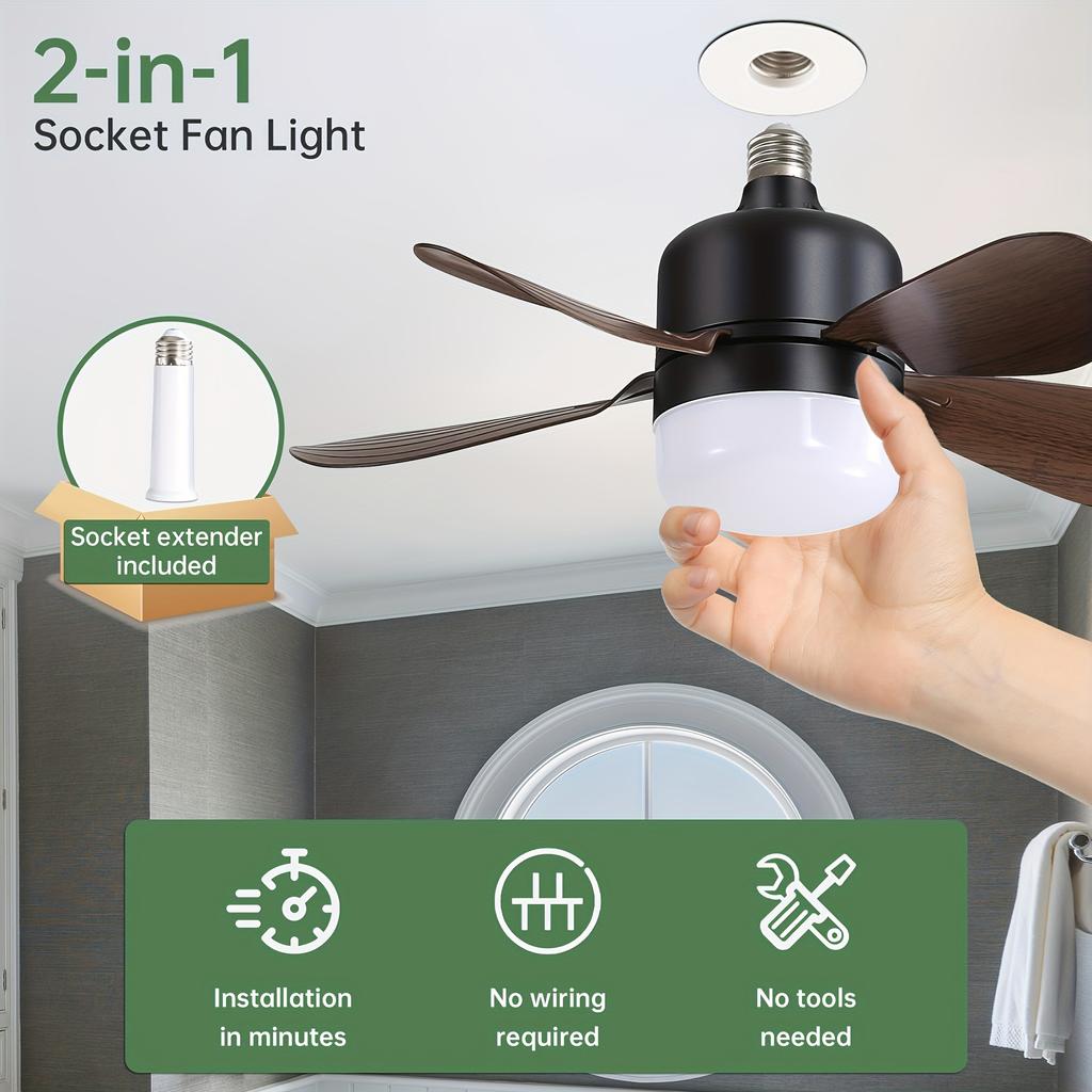 1pc 16-Inch Socket Fan Light Ceiling Fans With Lights And Remote - Screw In Small Ceiling Fan Replacement For E27 Light Bulb, Dimmable 3 Color Lights
