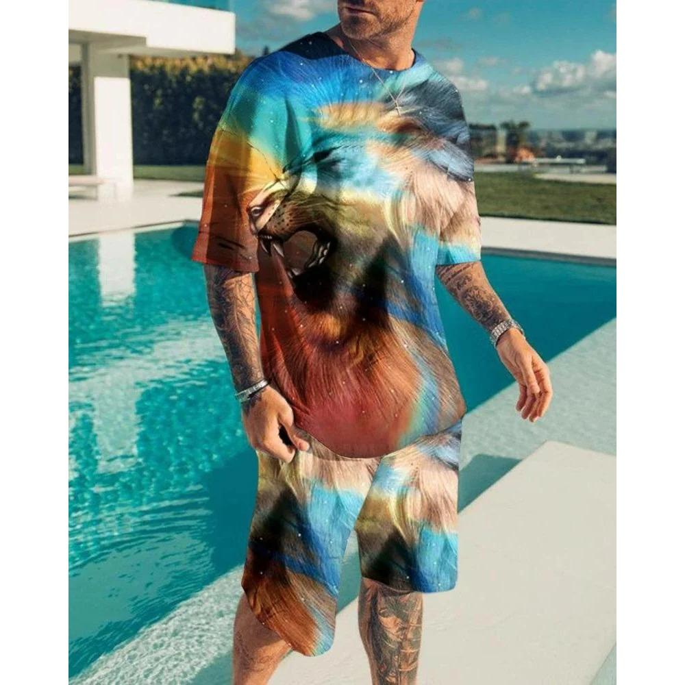 Летний комплект из 2 предметов с шортами с рисунком льва и свирепого зверя, повседневные уличные футболки и шорты, спортивный костюм с круглым вырезом и 3D-принтом