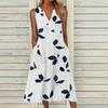 Tank Dress For Women Casual V Neck Leaf Print Button Down Summer Dress Sleeveless Loose Swing Midi Dress With Pockets