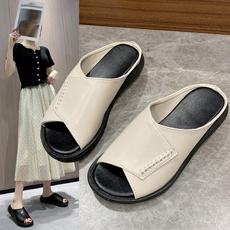 Leather Wedge Sandals and Slippers Women's 2024 Summer New Thick Bottom Raised Platform Shoes Fish Mouth One Word Flip Sandals