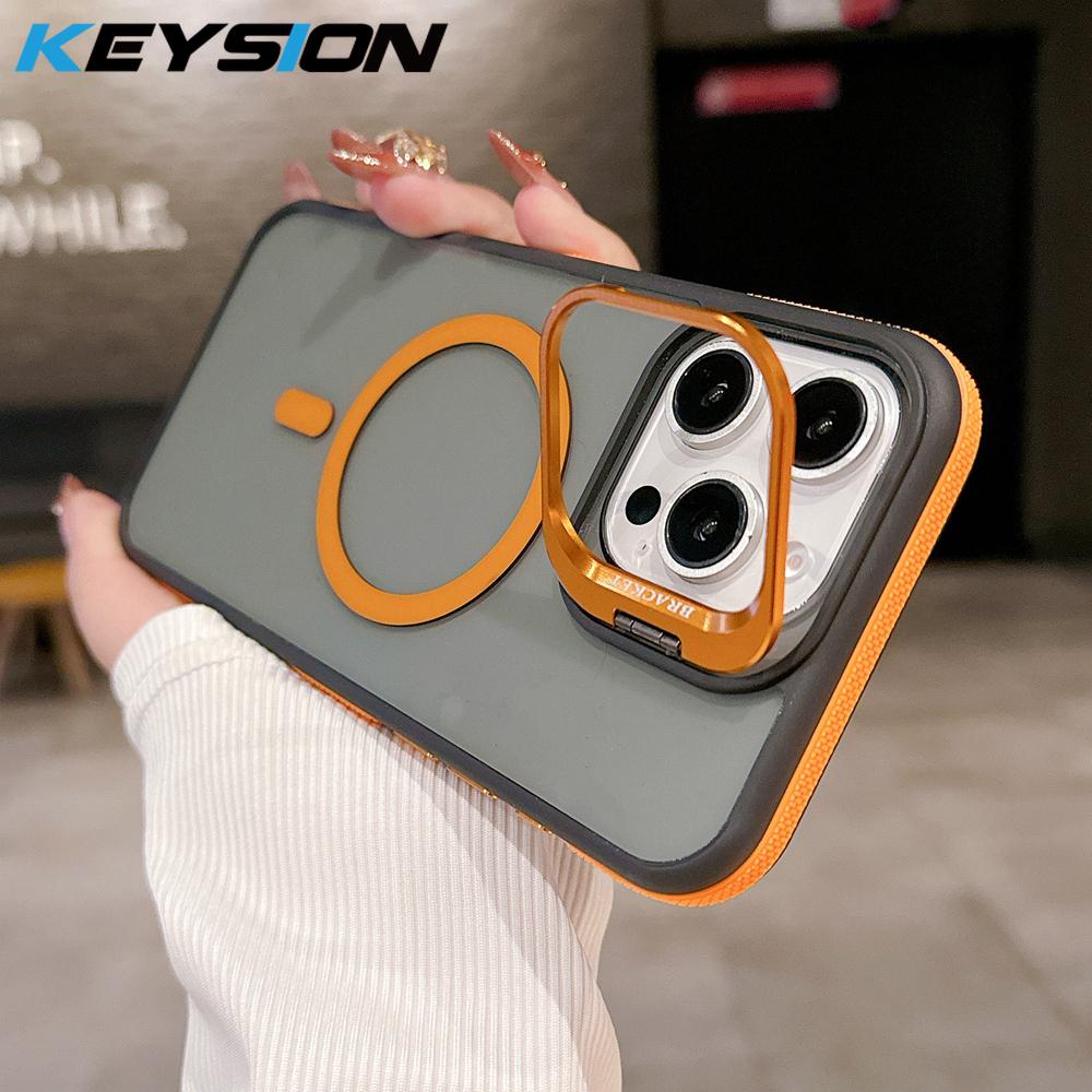 KEYSION Прозрачный магнитный чехол-подставка для линз MagSafe для iPhone 14 15 16 Pro Max 16 Plus, противоударный чехол для телефона с цветовым блоком