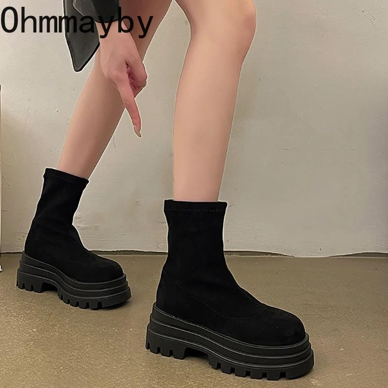 Fashion Vintage Platform Increase Women Ankle Boots Fashion Slip On Shoes Autumn Winter British Style Ladies Elegant Short Booties
