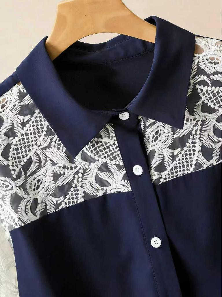 Кружевной пэчворк, двухпредметный, больших размеров, 2025: Комплект: рубашка с длинным рукавом и брюки клеш