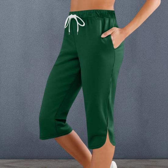 Women Cropped Pants Elastic Waist Adjustable Drawstring Solid Color Mid-calf Length Pants with Pockets Daily Wear