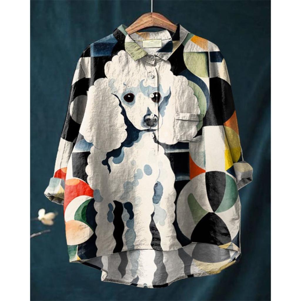 Женская повседневная свободная рубашка на пуговицах с цветочным принтом - Узор 'Косяк рыб'