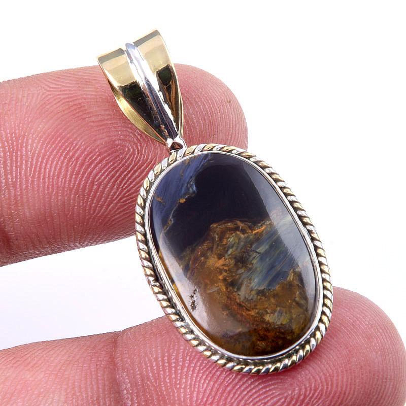 Natural Pietersite Gemstone 925 Solid Sterling Silver TwoTone Pendant 1.50" J5O93
