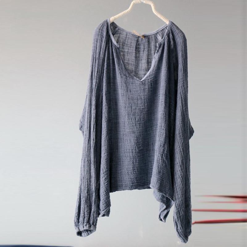 Johnature Women Autumn Linen Vintage Solid Color T-Shirts O-Neck Full Sleeve Loose Casual Pullover Women T-Shirt