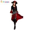 Halloween Masquerade Cosplay Pirates of the Caribbean Pirate Costume Female Red Dress Black Vest Pirate