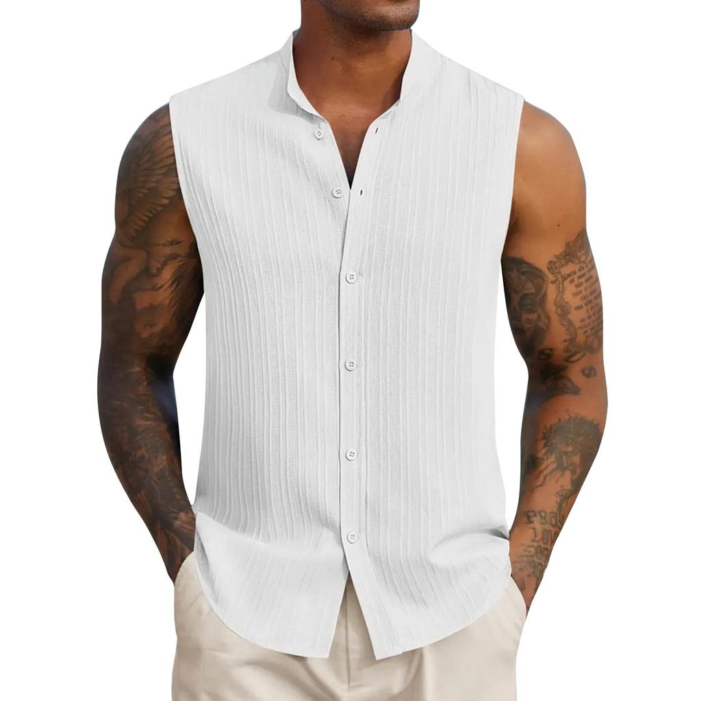 Мужская летняя однотонная рубашка без рукавов со стойкой воротником, мужская повседневная модная рубашка без рукавов