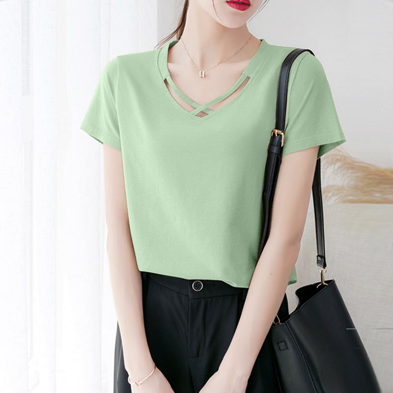 Женский летний топ 2024 года с V-образным вырезом, короткими рукавами, в корейском стиле, с перекрестным вырезом, однотонный